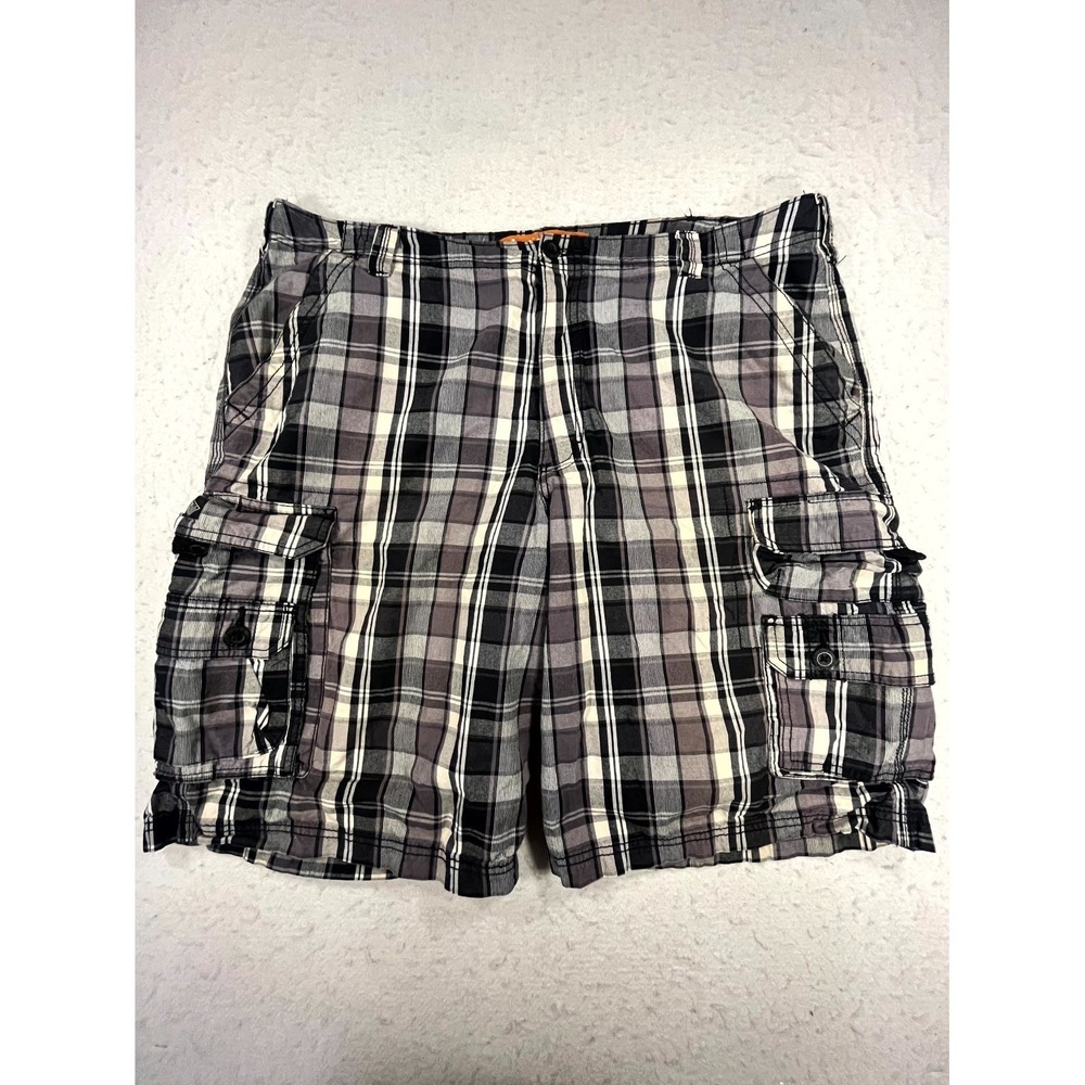 Lee Dungarees Cargo Shorts Mens 38 Gray Plaid Cotton Utility Stretch Relaxed Fit